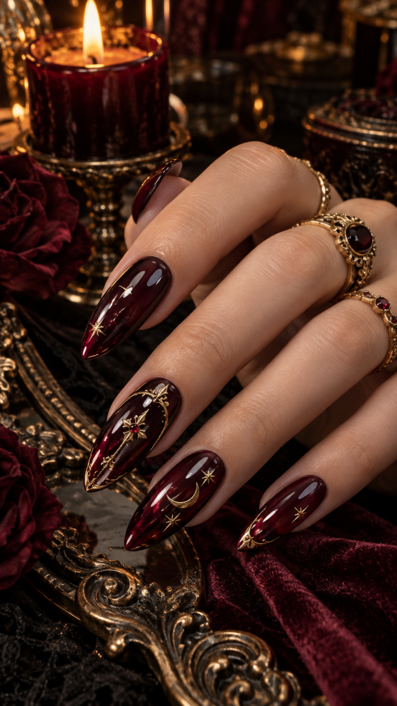 🥇 Best 1 Almond Halloween Nails Ideas With Black Cherry Glass and Gothic Gold