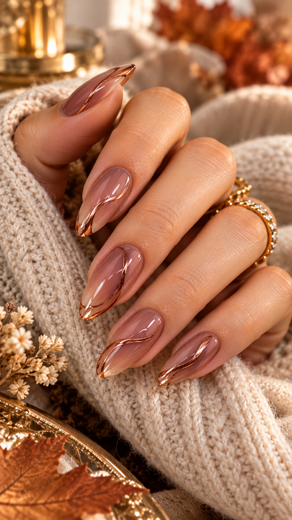 🥇 Best 1 November Almond Nails With Sheer Rosewood and Burnished Copper Ribbons