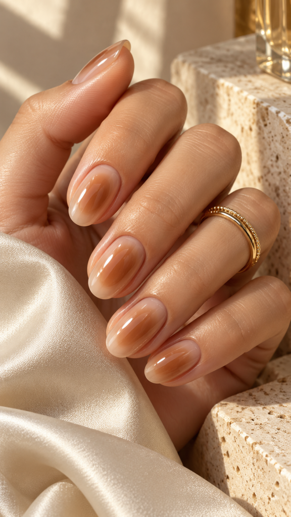🥇 Top 1 Caramel Nude Nails With Soft Center Glow and Blurred Color Dimension