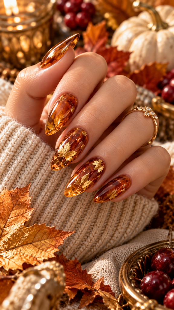 🥇 Top 1 Fall Thanksgiving Nails With Thanksgiving Amber Glass and Golden Maple Details