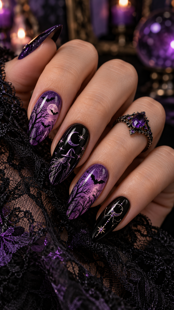 🥈 2. Gothic Purple and Black Witchy Nail Art for an Enchanting Halloween Look