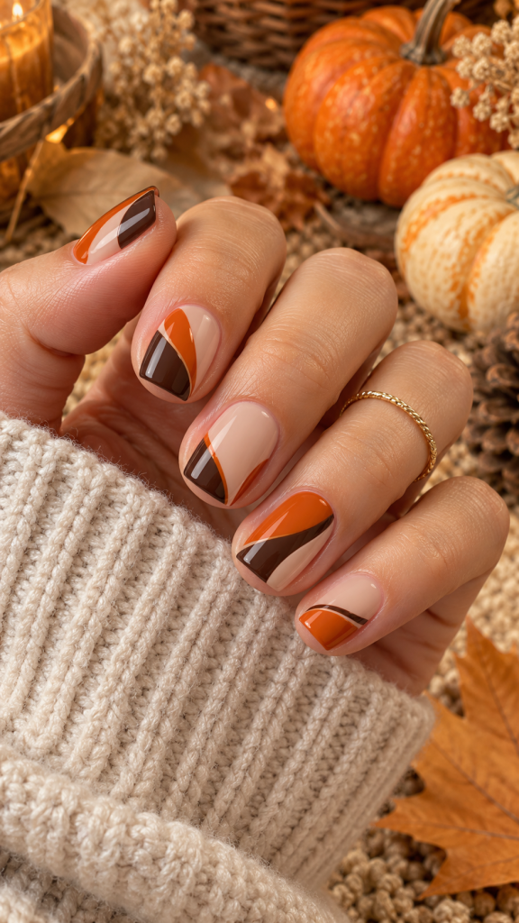 🥈 2. Mini Pumpkin Color Block Short Nails for a Modern Autumn Statement