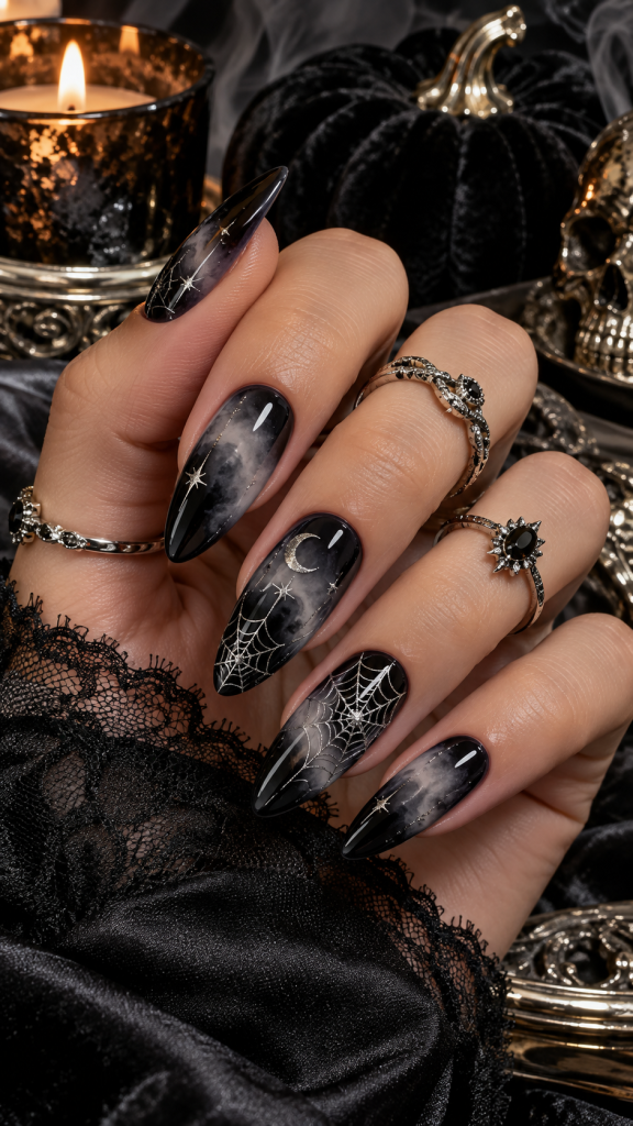 🥈 Best 2 Almond Halloween Nails Ideas With Smoky Black Aura and Silver Web Details