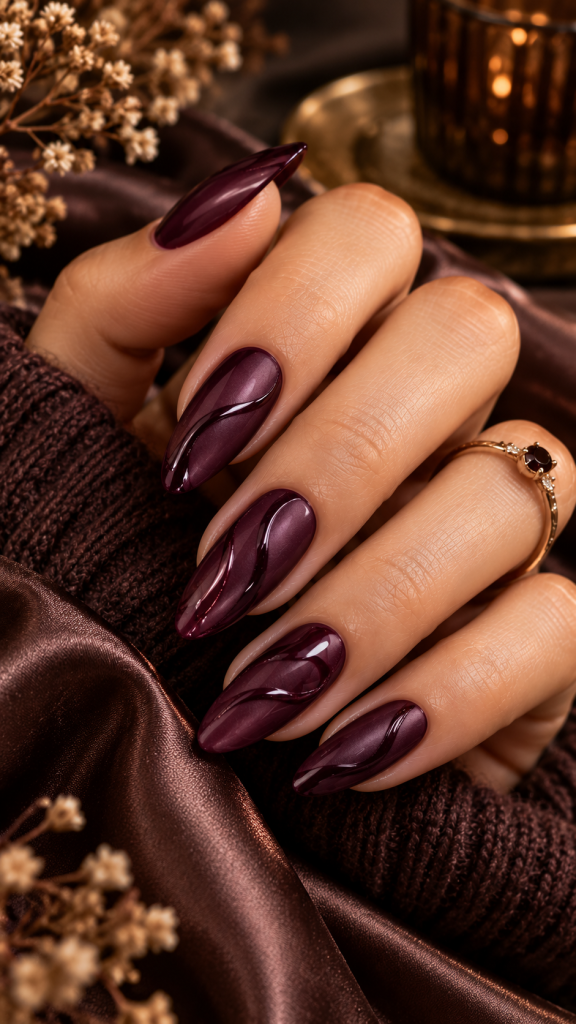🥈 Best 2 November Almond Nails With Deep Aubergine Satin and Glossy Tonal Swirls