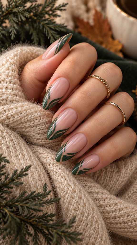 🥈 Best 2 November French Tip Nails With Muted Evergreen Split Arch Tips