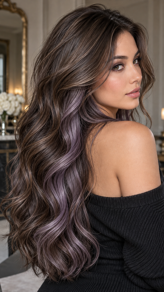 🥈 Best 2 Subtle Colored Hair Underneath With Smoky Lavender and Cool Brunette Dimension