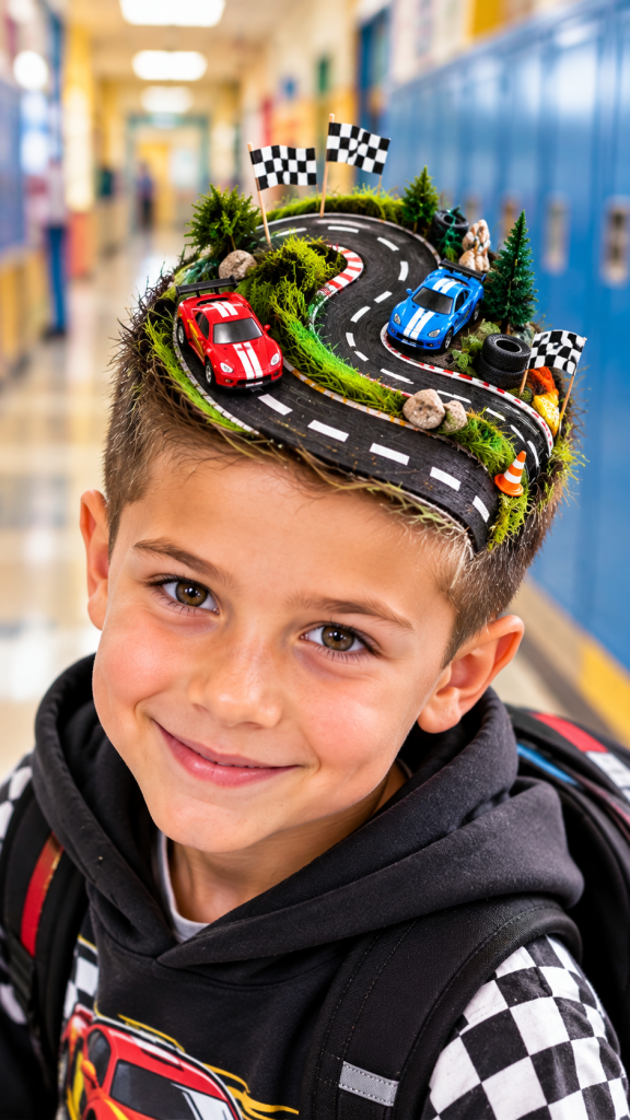 🥈 Top 2 Crazy Hair Day for Boys With a Mini Racing Track Hairstyle