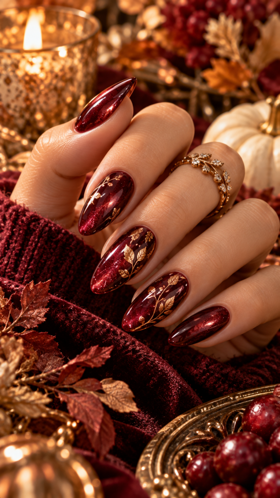 🥈 Top 2 Fall Thanksgiving Nails With Harvest Cranberry Velvet and Delicate Copper Accents