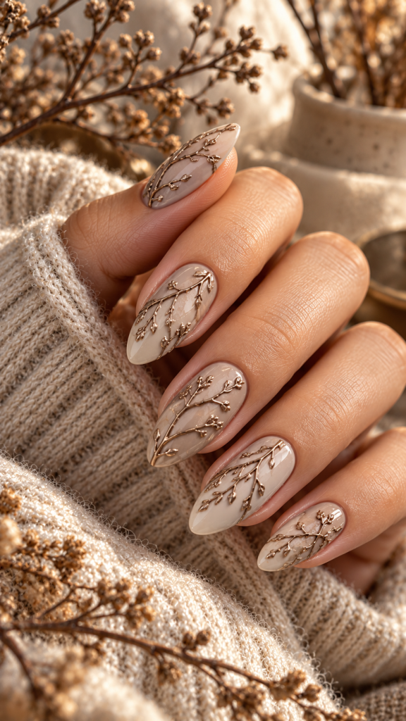 🥈 Top 2 November Nail Designs With Sculptural Branch Relief and Modern Botanical Elegance