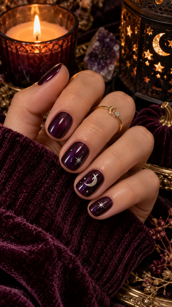 🥉 3. Mystic Plum Moon Accent Nails for a Mysterious and Feminine Halloween Style