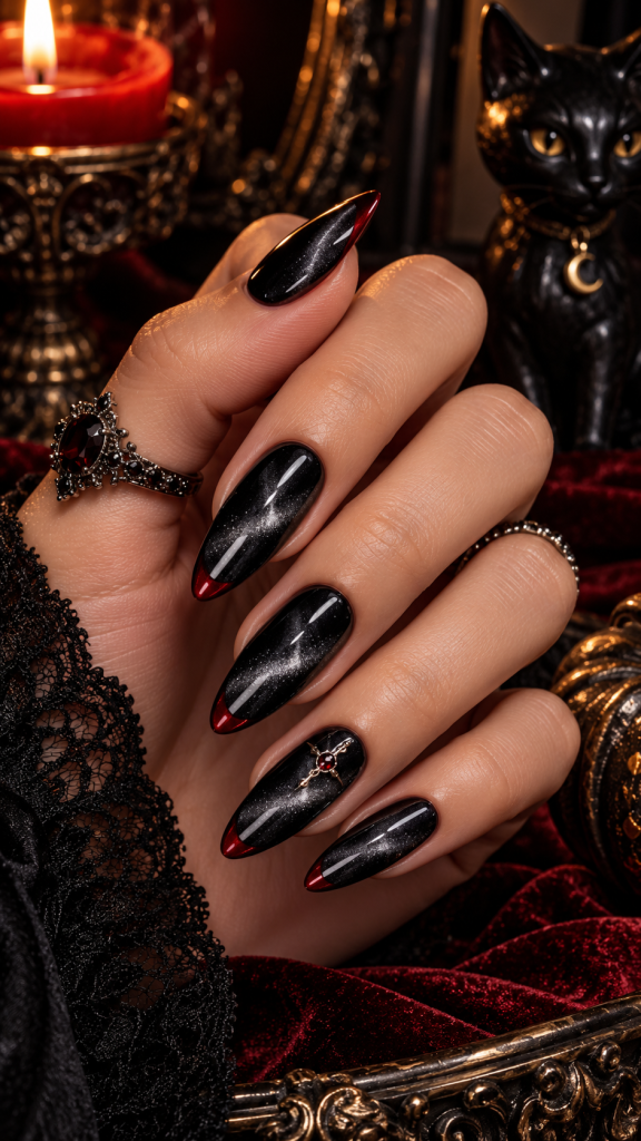 🥉 Best 3 Almond Halloween Nails Ideas With Midnight Cat Eye and Blood Red Micro Tips