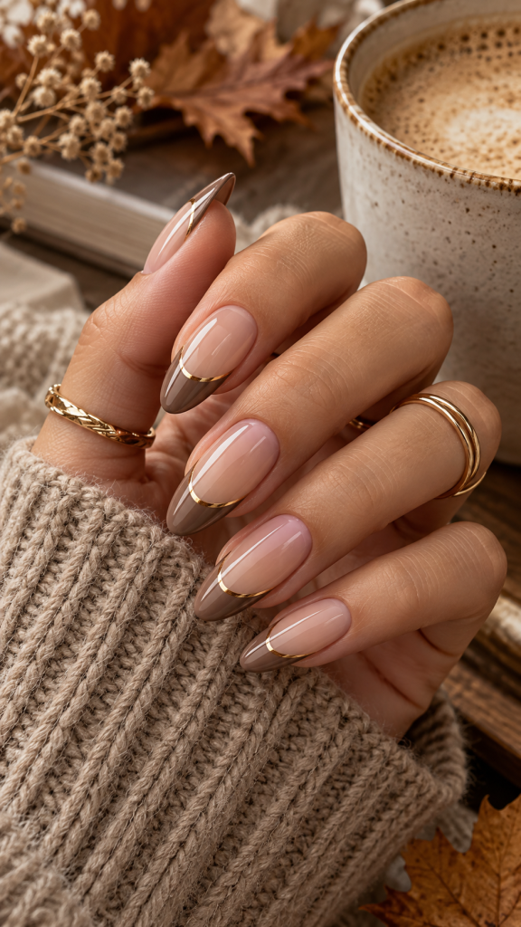 🥉 Best 3 Fall French Manicure Ideas With Mushroom Taupe and Antique Gold
