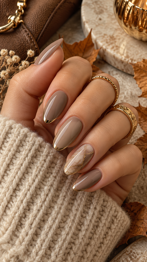 🥉 Best 3 Fall Nails Classy With Mushroom Taupe and Antique Gold