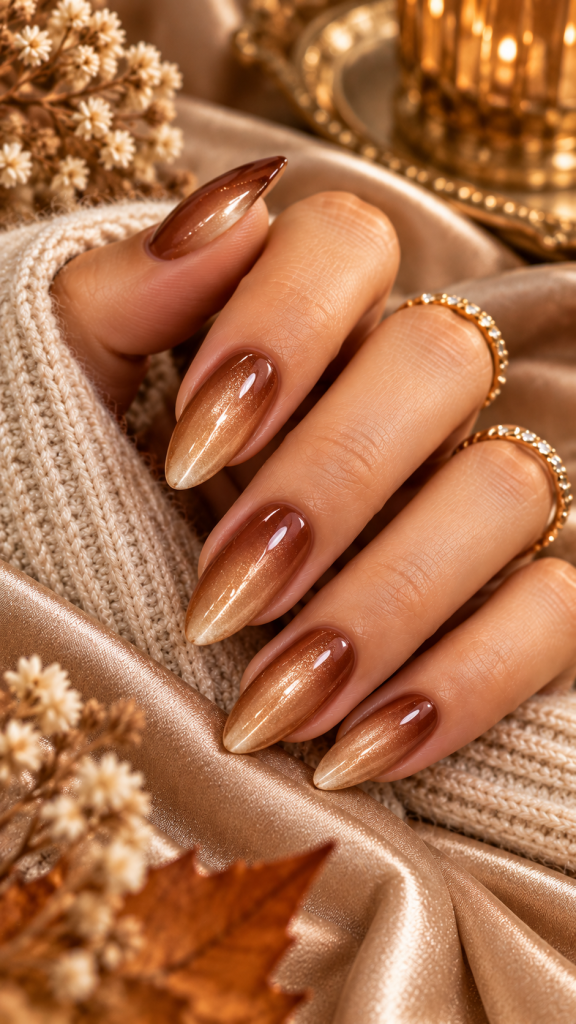 🥉 Best 3 November Almond Nails With Smoked Caramel Ombré and Champagne Halo