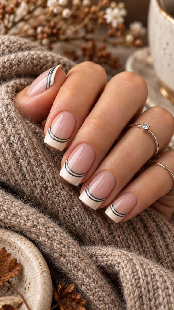 🥉 Best 3 November French Tip Nails With Porcelain Cream and Graphite Double Outline Tips
