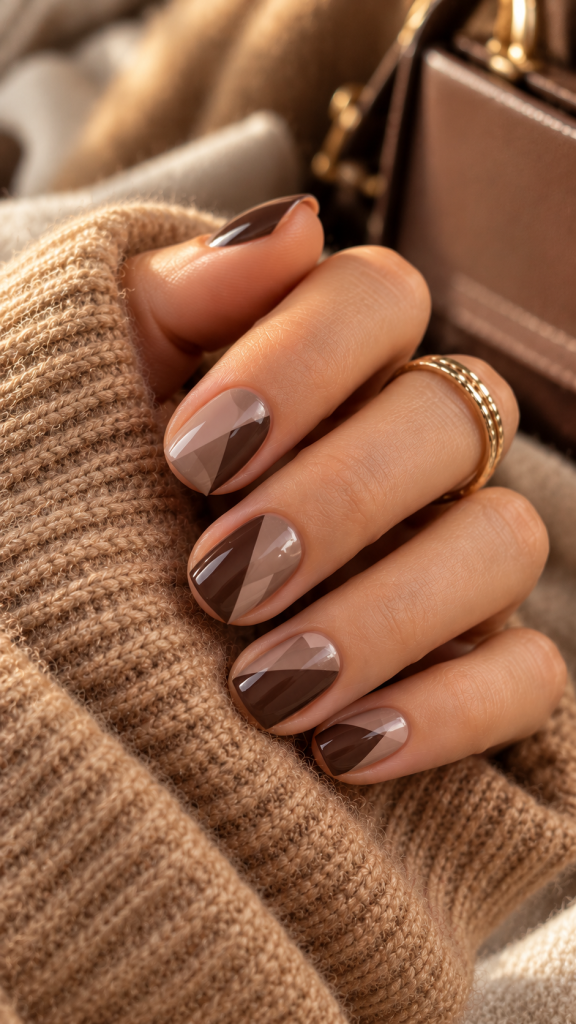 🥉 Best 3 Short November Nail Ideas With Cocoa Taupe Geometric Color Blocking