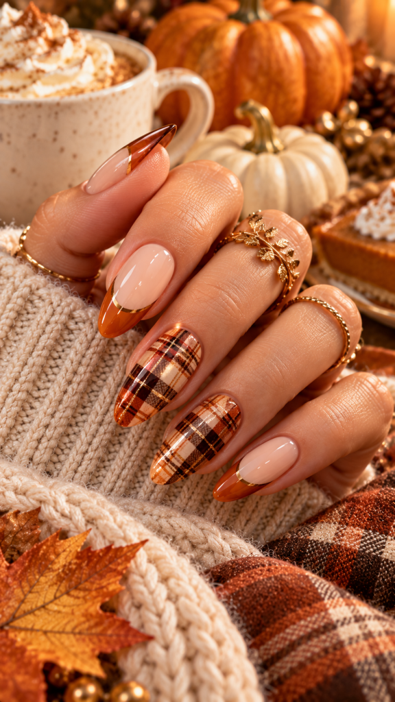 🥉 Top 3 Fall Thanksgiving Nails With Pumpkin Spice French Tips and Elegant Autumn Plaid